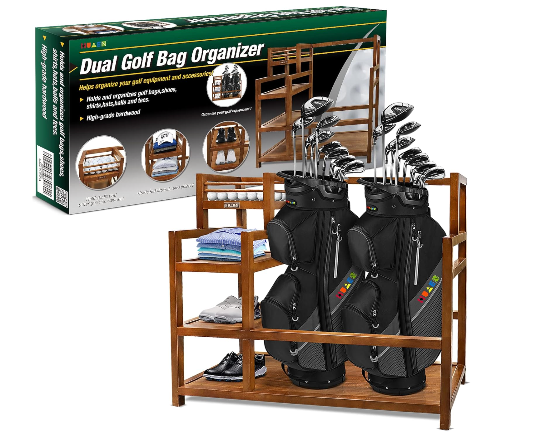 Golf Storage Garage Organizer - Golf Bag Storage Rack for Garage Golf Bag Stand for 2 Golf Bags Golf Equipment Accessories Ideal for Garages Clubhouses Sheds Basements (Wooden