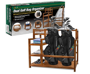 Golf Storage Garage Organizer - Golf Bag Storage Rack for Garage Golf Bag Stand for 2 Golf Bags Golf Equipment Accessories Ideal for Garages Clubhouses Sheds Basements (Wooden